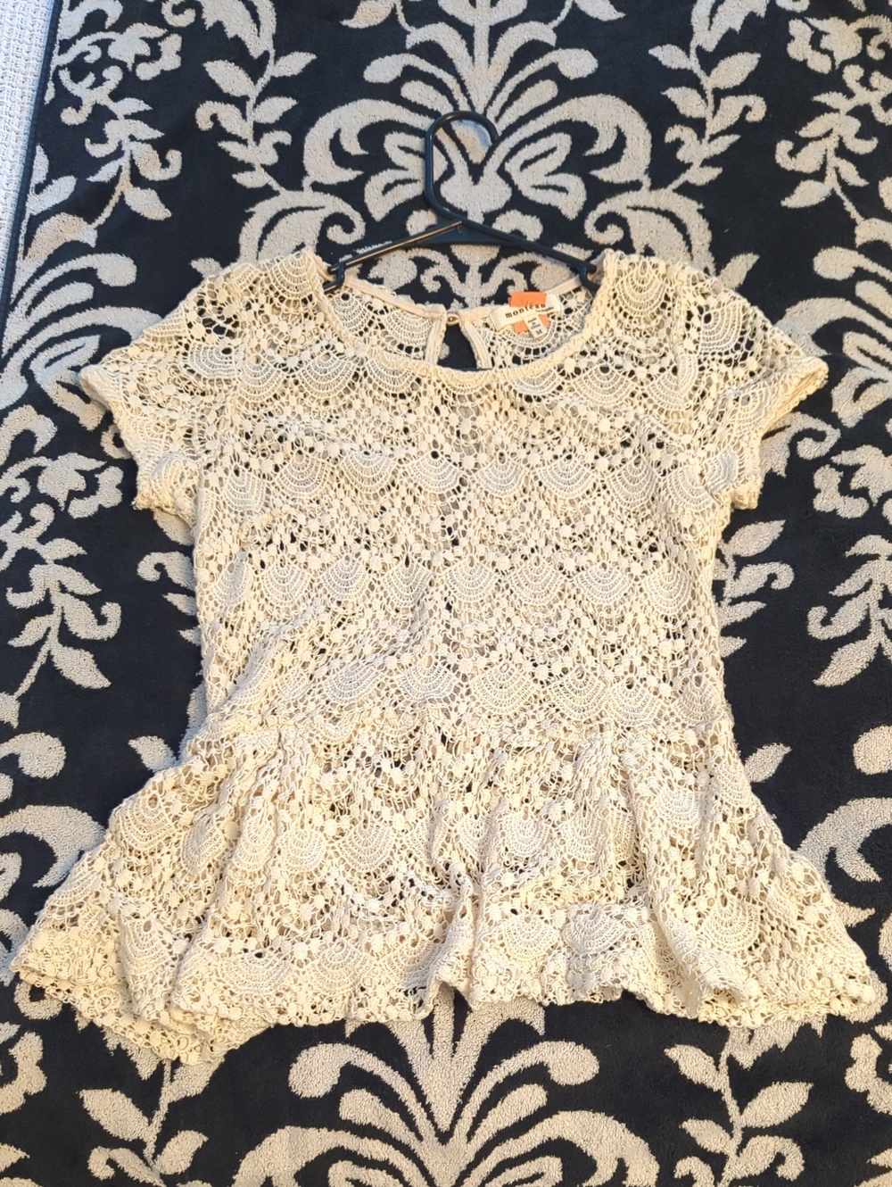 Monteau Los Angeles Crochet 100% Cotton Lace Peplum Top in Cream - M